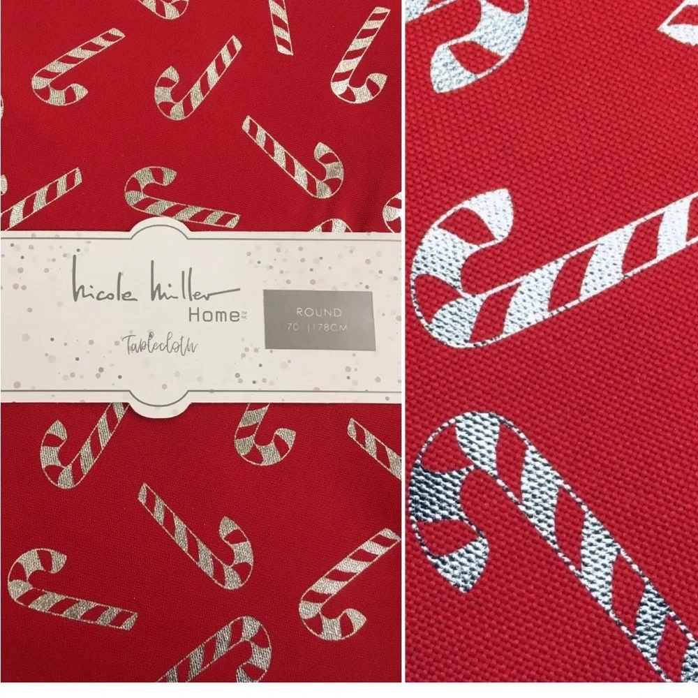 Nicole Miller Candy Cane Tablecloth Christmas Holiday Red Silver Foil 70” round